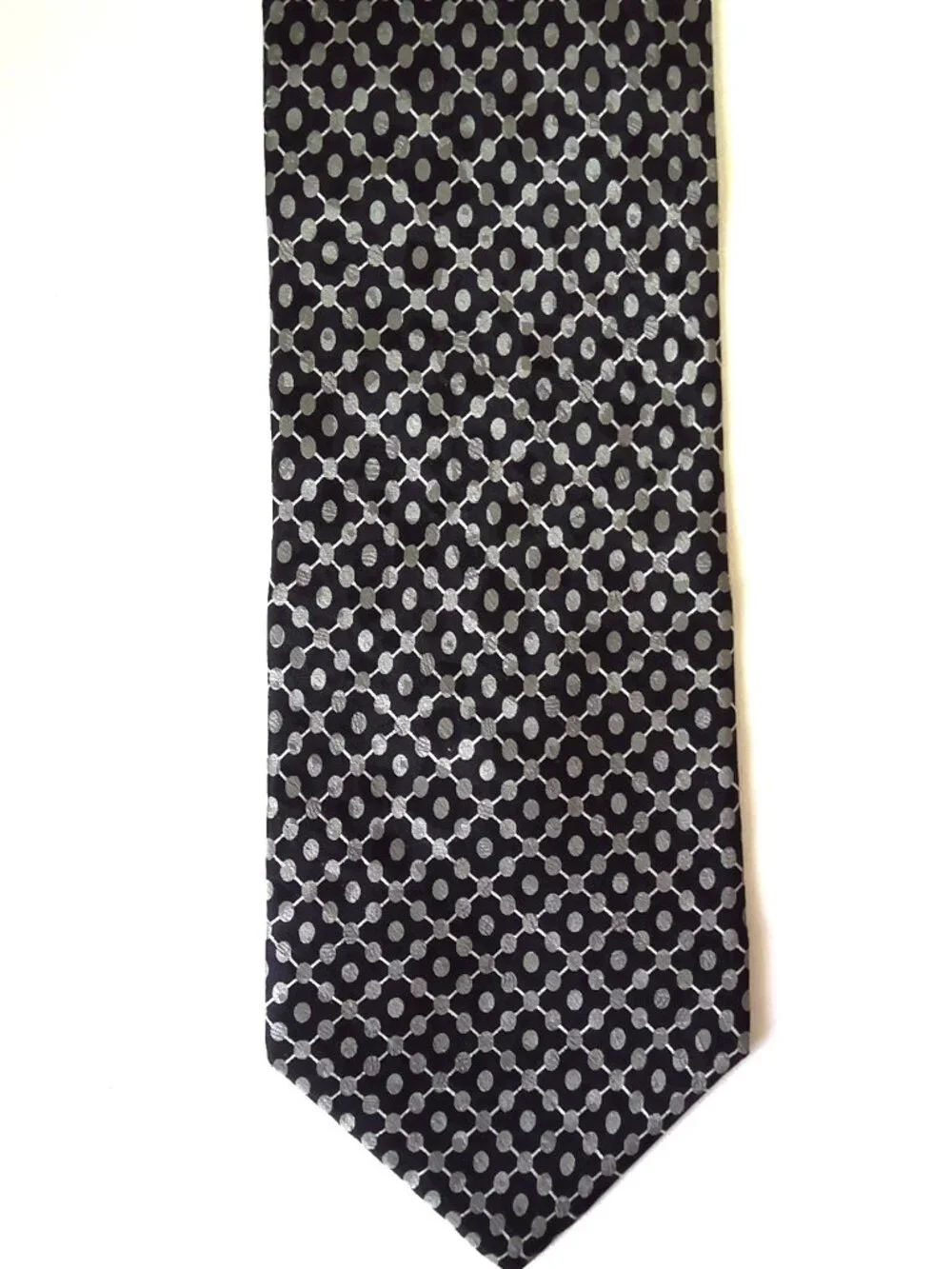 Tongue Tied by Tom McLellon Silk Neck Tie Black & Silver Quatrefoil Hand Made